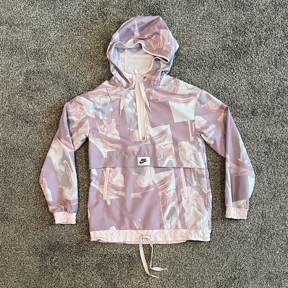 Nike pink/white swirled print pullover hooded windbreaker